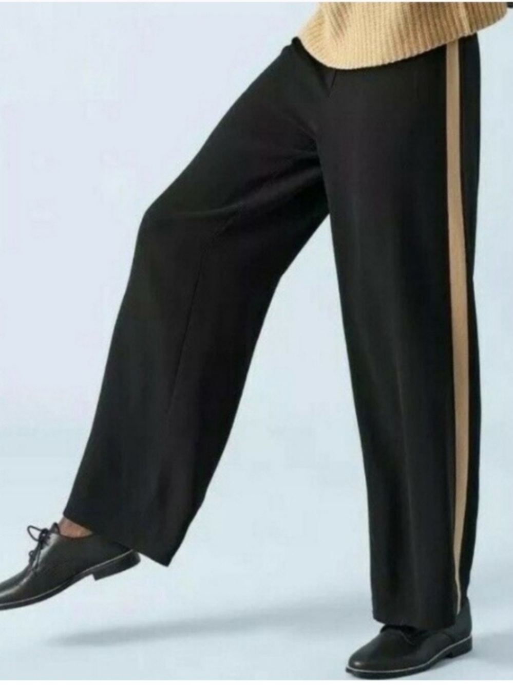 Eileen Fisher Silk Georgette Crepe Straight Leg Tan Side Stripe Size 6 Black